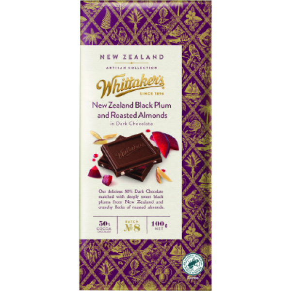 Whittaker's New Zealand Black Plum and Roasted Almonds 50% Dark Chocolate Block